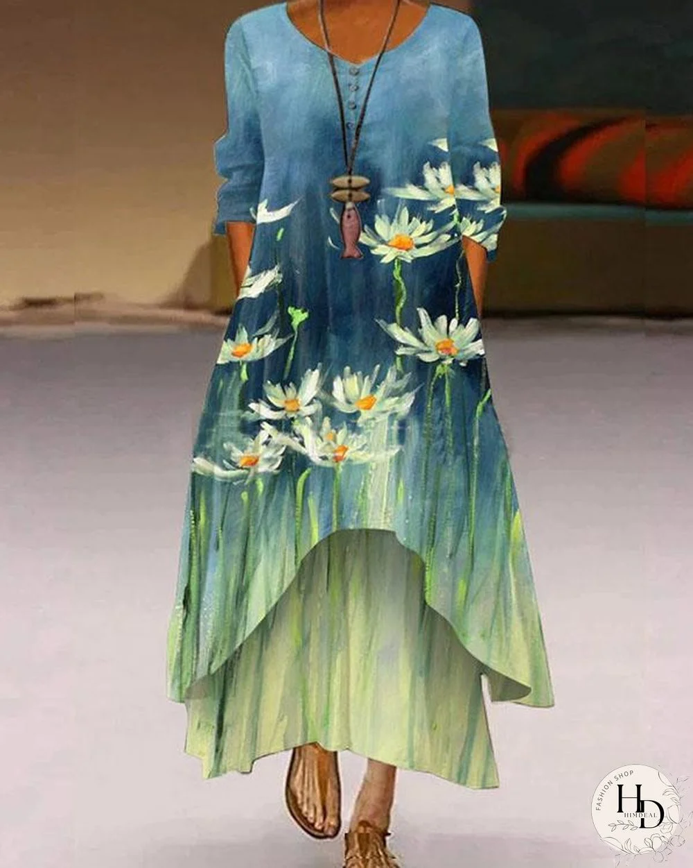 Women Autumn Oil Painting Irregular A-line Maxi Dresses