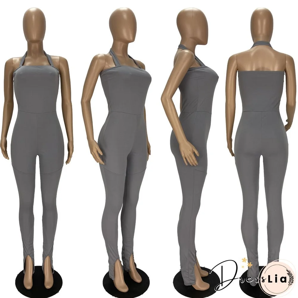 Women Solid Color Sportswear Sleeveless Halter Bodycon Jumpsuits