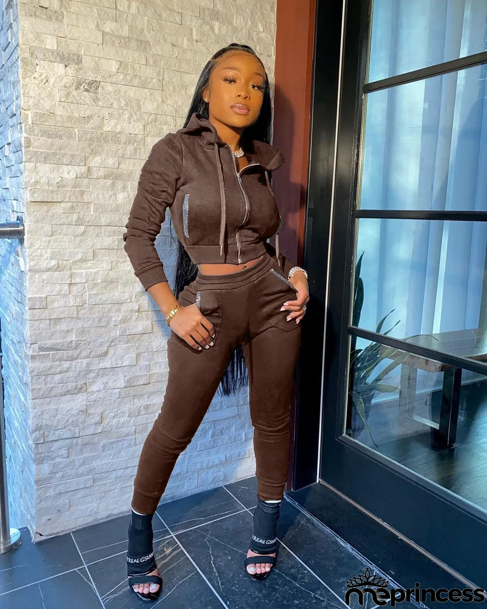 Solid Color Hooded Sports Casual Two Piece Set