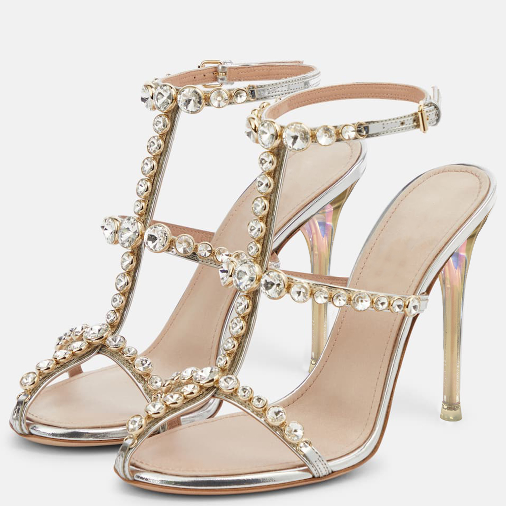 Gold Open Toe Stiletto Heel Rhinestone T-Strap Sandals Nicepairs