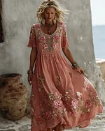 Women's Floral Art Print Flowy Linen Blend Casual Short Sleeve Maxi Dress - Image 10