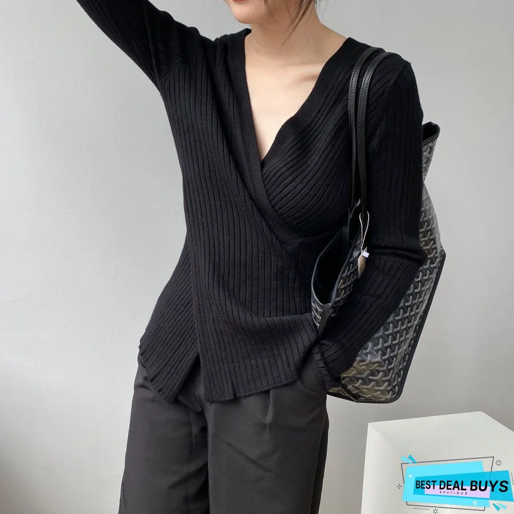 V-Neck Cross Long Sleeve Sweater For Women