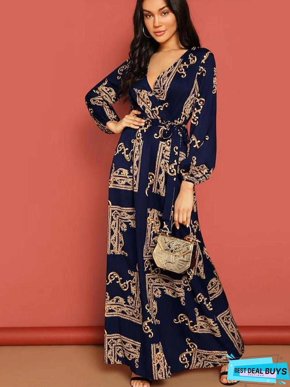 Women's A-Line Dress Maxi Long Dress Long Sleeve Geometric Spring & Summer Hot Elegant Black Navy Blue Black Dresses