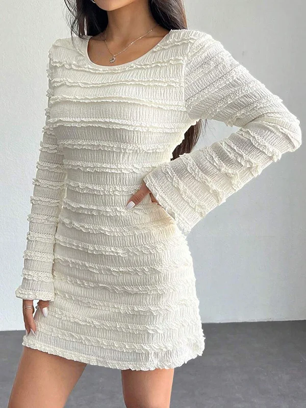 Split-Joint Solid Color Pleated Lace-Up Backless Long Sleeves Bodycon Round-Neck Mini Dresses