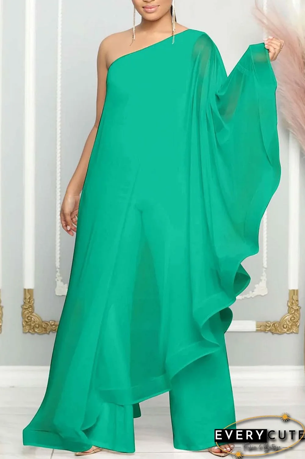 Blue Casual Daily Elegant Patchwork Solid Color One Shoulder Regular Jumpsuits