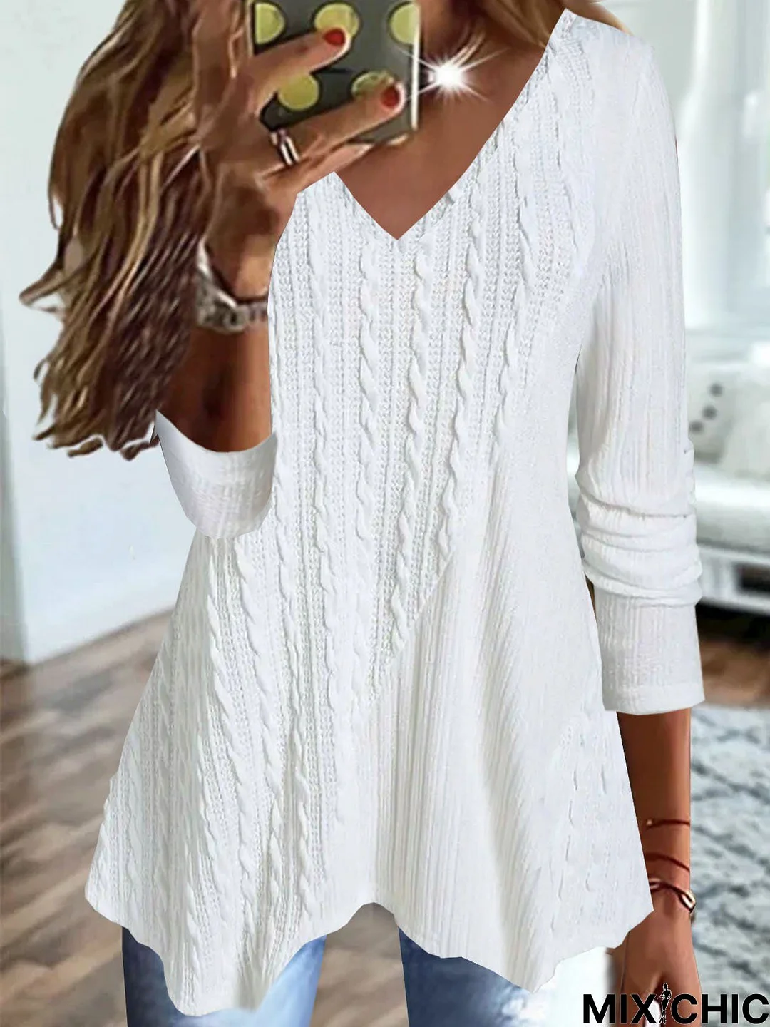 V Neck Loose Plain Patchwork Fabric Casual Tunic Top