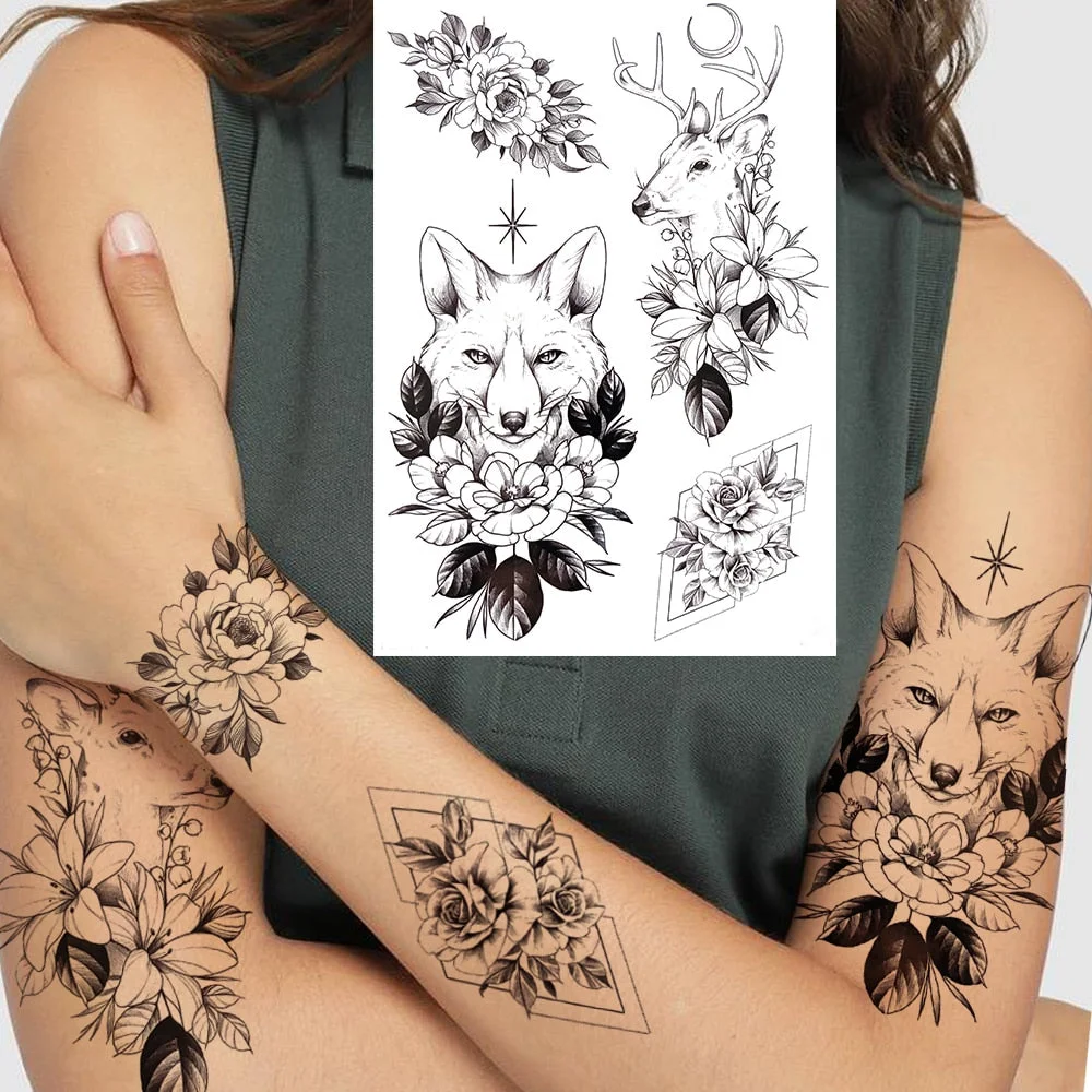 Bird Flower Temporary Tattoos For Women Adults Fake Feather Fox Wolf Tattoo Sticker Geometric Hummingbirds DIY Tatoos Realistic