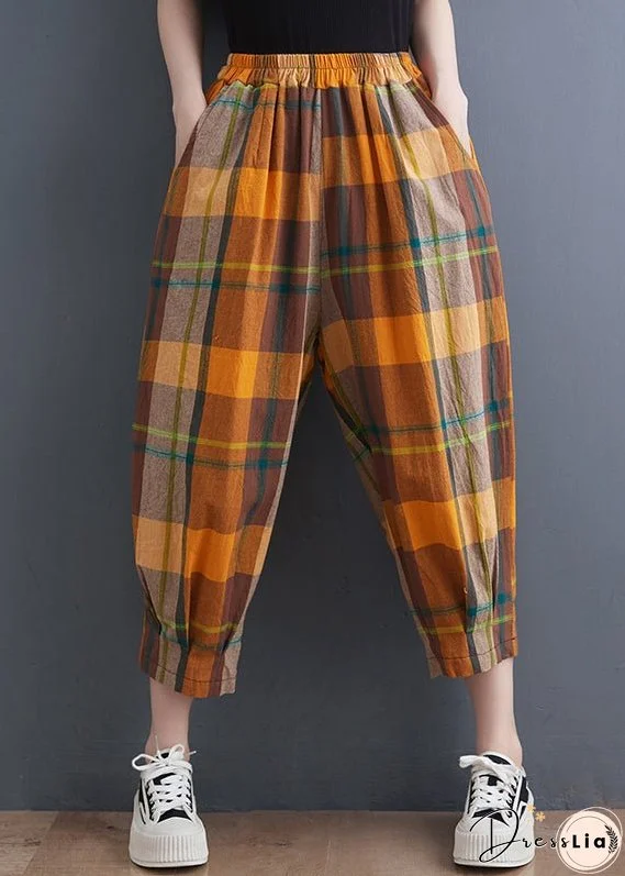 Yellow Pockets Loose Cotton Crop Pants High Waist Summer