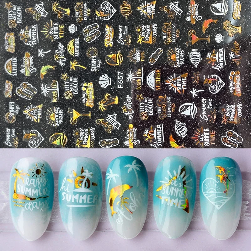 1pcs Black Gold Sping Leaves 3D Nail Sticker Coconut Tree Leaf Pattern Adhesive Transfer Decals Shiny DIY Nail Decoration