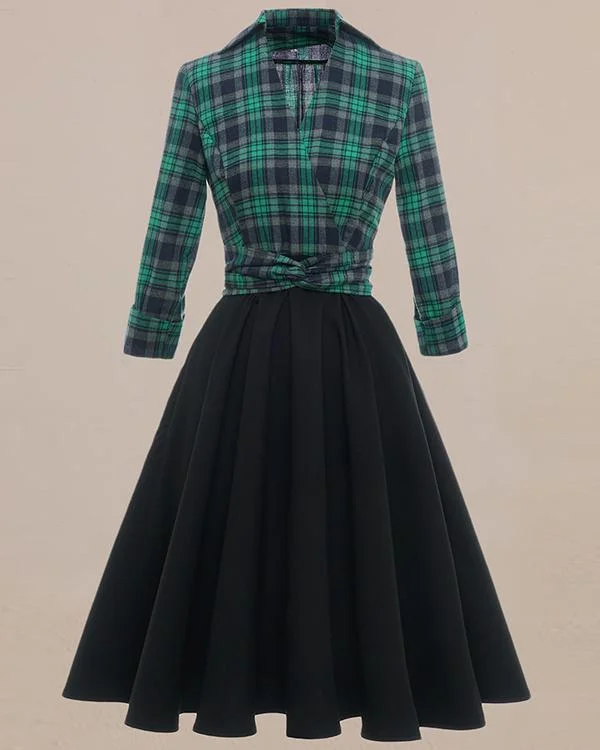 Green Plaid Patchwork Waist Dress