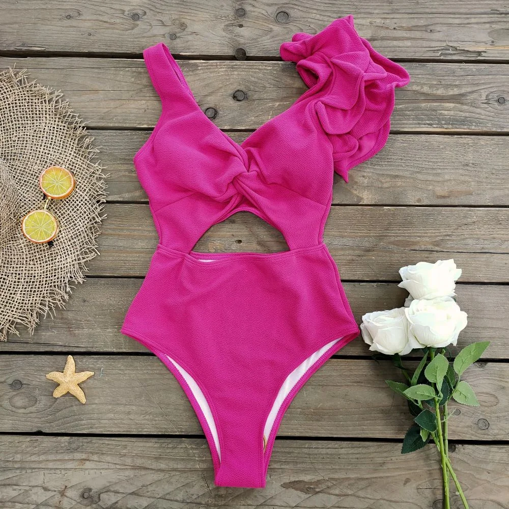 Uveng Spoorlike Solid-Colored Hollow-In-Body Swimsuit Women 2025 New High-Rise Dew Lotus Leaf Edge Swimsuit