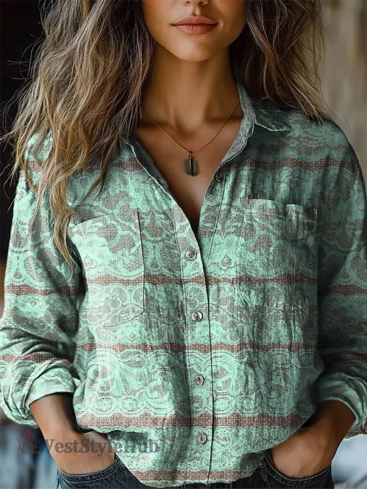 Womens Vintage Print Casual Long Sleeve Comfortable Cotton Shirt