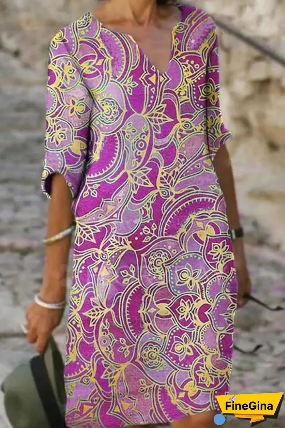 Half Sleeve V-Neck Floral Print Dress