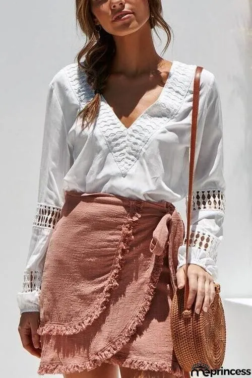 Hollow V Neck Puff Sleeve Blouse