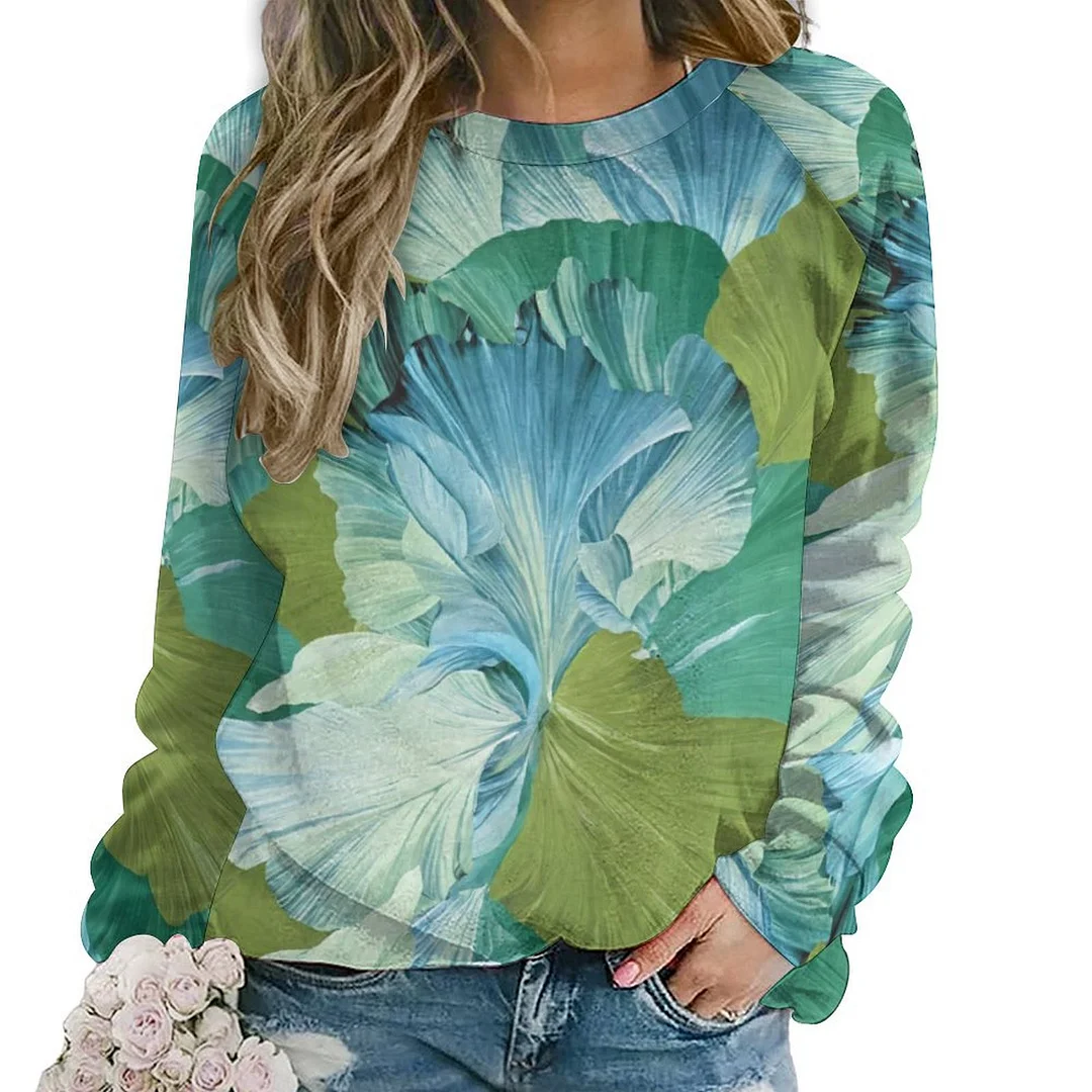 Printed Long Sleeve Casual Sweatshirt for  Women and Men Unisex Pattern Petals, Green, Blue