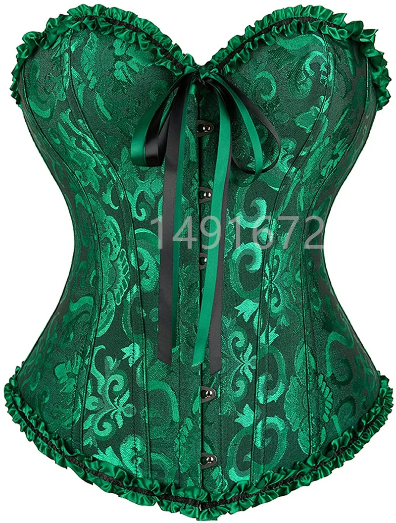 Billionm Green Corset Top Bustier Sexy Women's Plus Size Overbust Corselet Blouse Lace up Floral Gothic Brocade Vintage Fashion Medieval