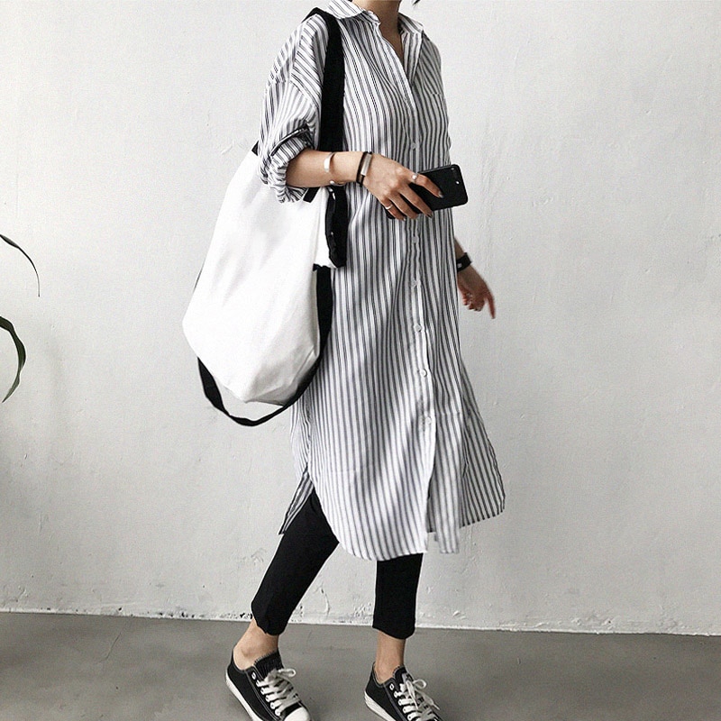 Women Shirt Dress Striped Print Long Robe Turn-Down Collar Dropped Shoulders Long Sleeve Pocket Side Slit Ladies Dress One-Piece