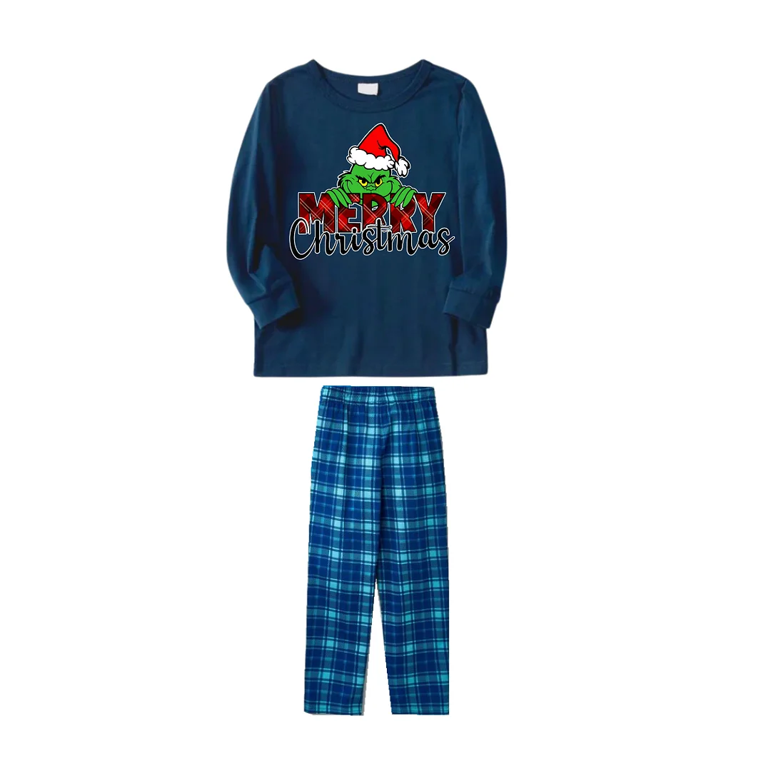 "Merry Christmas" Letter Print 2024 Green Elf Cartoon Pattern Blue Long Sleeve Top With Blue Plaid Family Matching Pajamas