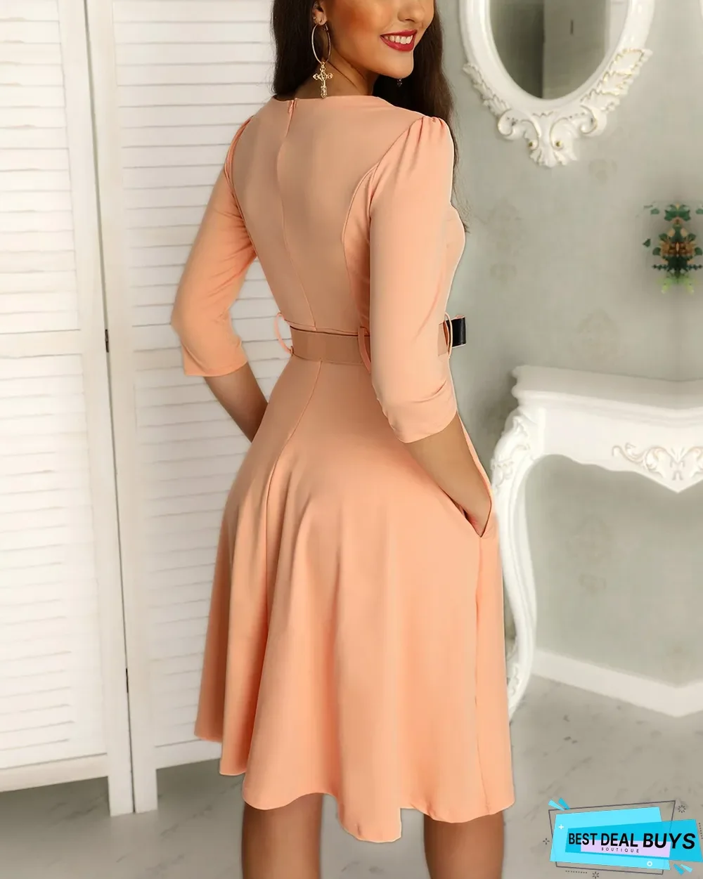 Solid Zipper Up Belted Pleated Casual Dress