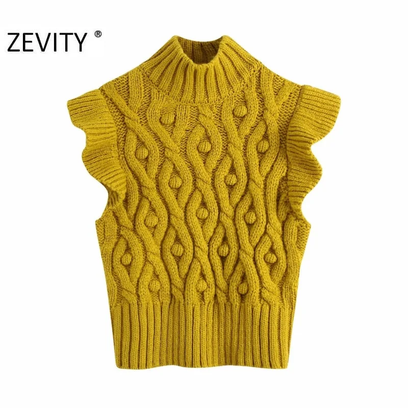 Zevity New Women Fashion Ball Appliques Twist Knitting Sweater Lady Agaric Lace Sleeveless Casual Slim Vest Pullovers Tops S420