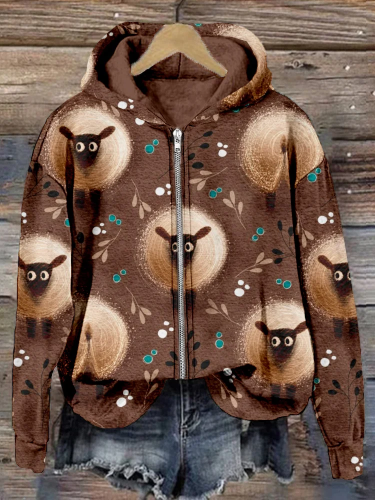 VChics Cute Sheeps Pattern Zip Up Comfy Hoodie