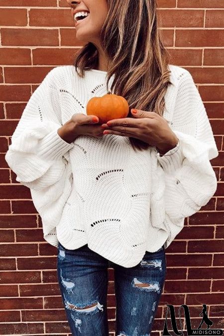 MidiSono - White Wave Hem Long Batwing Sleeve Hollow Out Elegant Sweater