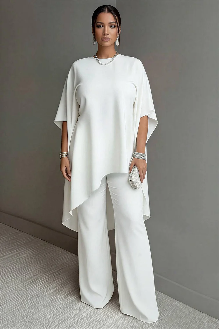 Xpluswear Design Plus Size Vacation White Round Neck Flare Half Sleeve Asymmetric Hem Pocket Two Piece Pant Sets 2024 - Xpluswear