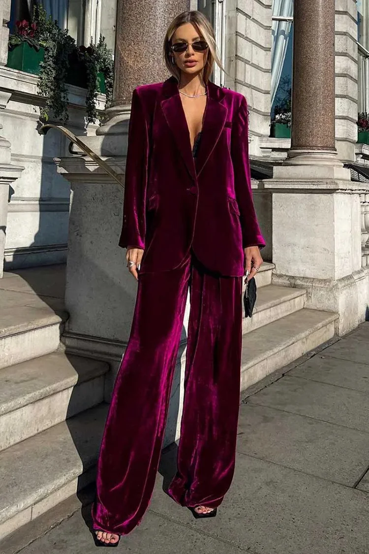 Velvet Deep V Neck Button Blazer Wide Leg Pants Matching Set-Fuchsia