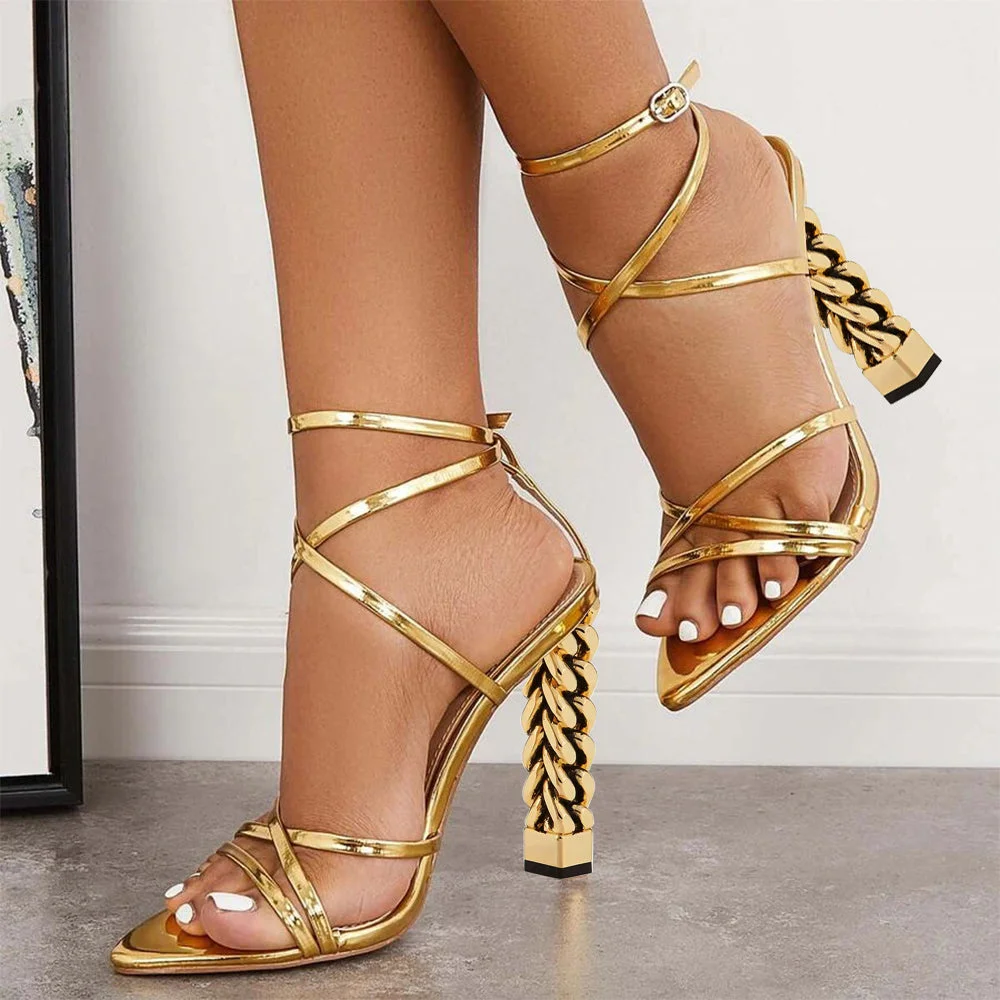 Gold Ankle Strap Sandals Decorative Heel Prom Shoes