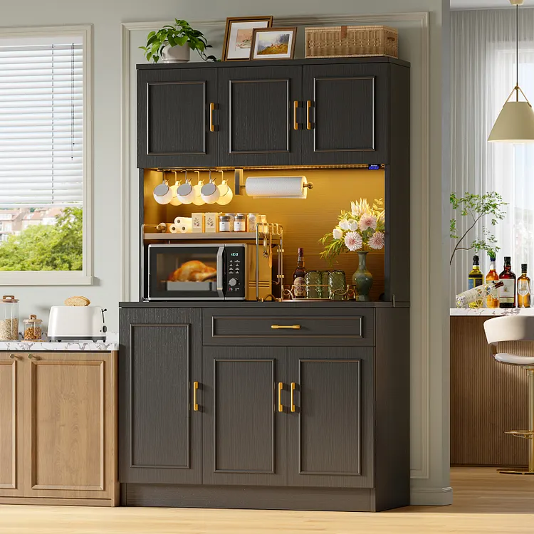 Bestier 70.9" Kitchen Pantry Cabinet with Power Outlet and LED Light, Farmhouse Coffee Bar Cabinet with 6 Hooks, Paper Towel Holder, Drawer and Adjustable Shelves