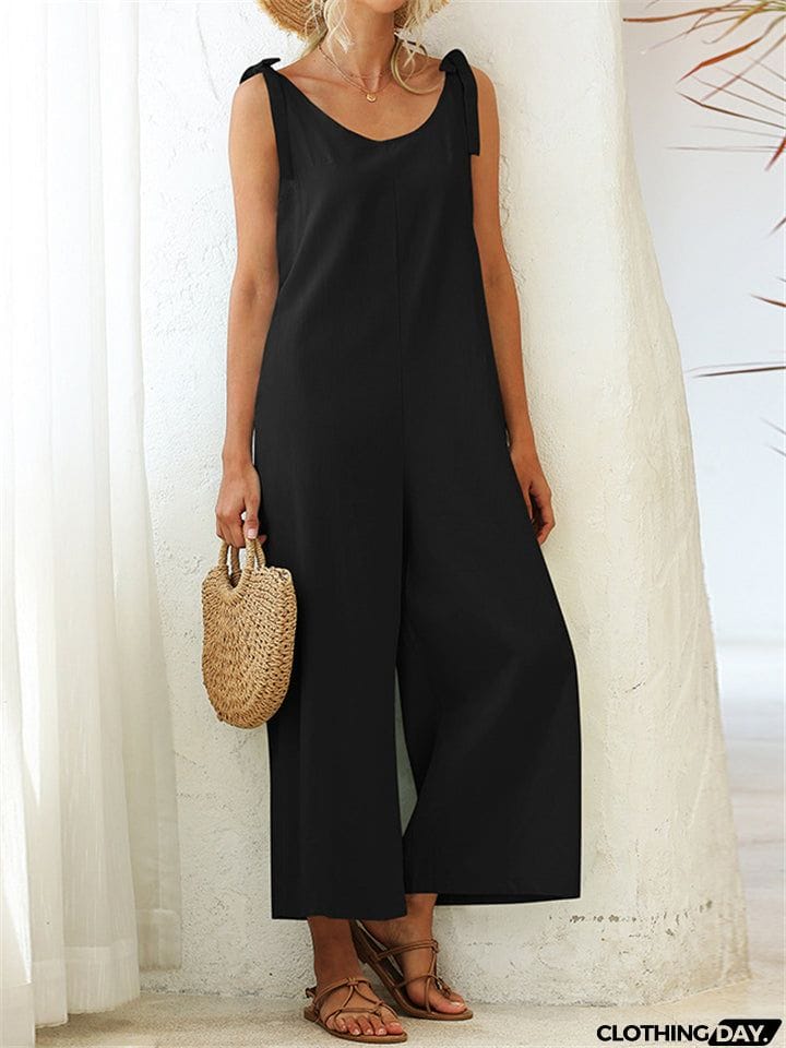 Women's Stylish Solid Color Sleeveless Loose Jumpsuit With Pocket