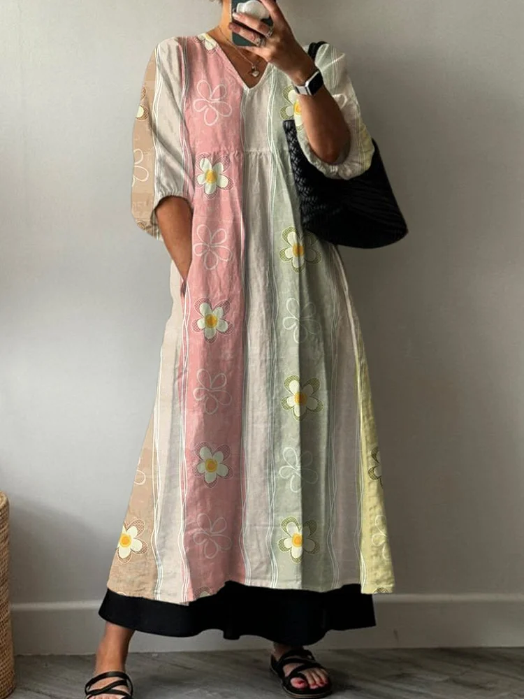 Women's Floral Print Pocket V-neck Cotton Dress