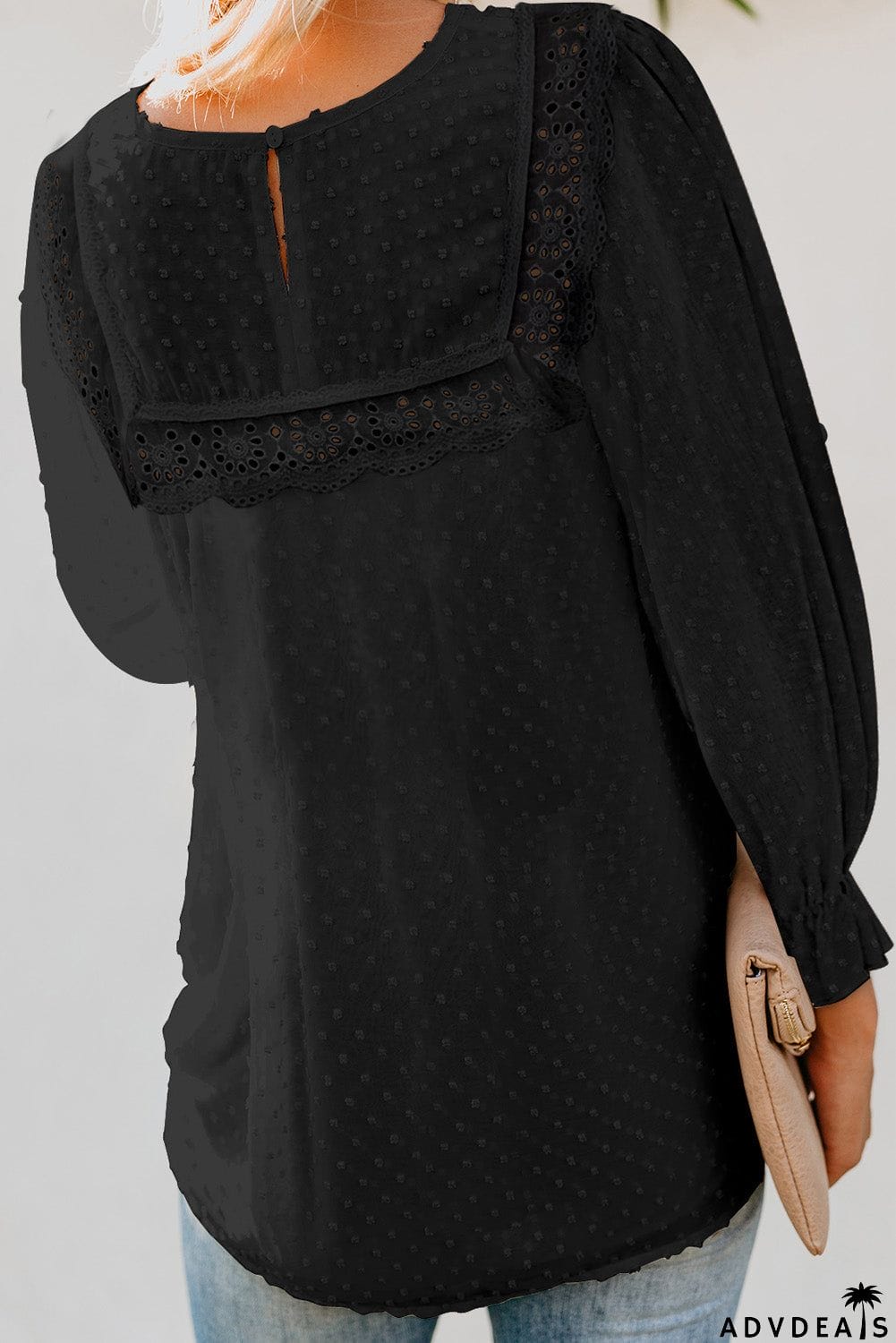 Swiss Dot Hollow Out Ruffle Sleeve Blouse