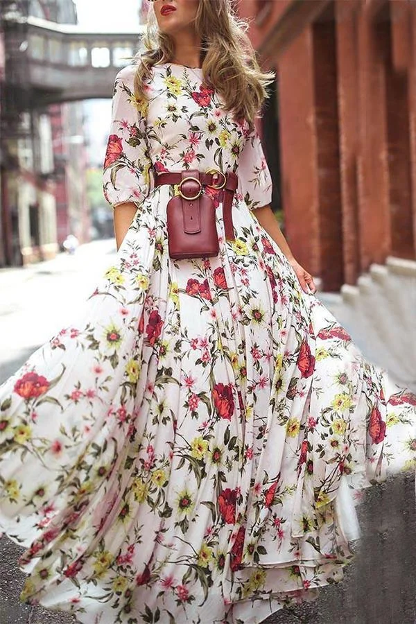 Womens Chic Floral Print Belt Pockets Dress-Allyzone-Allyzone