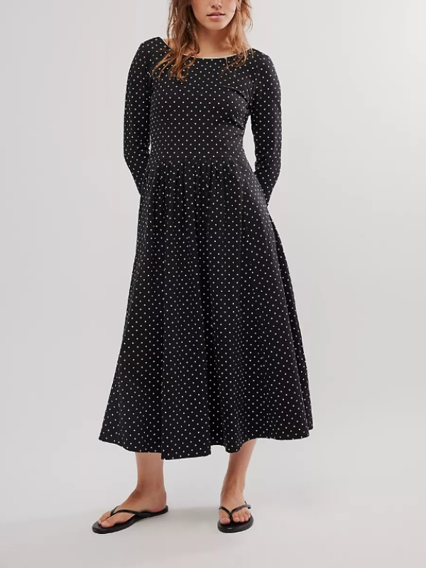 Crew-Neck Backless Polka-Dot Long-Sleeved Midi Dress