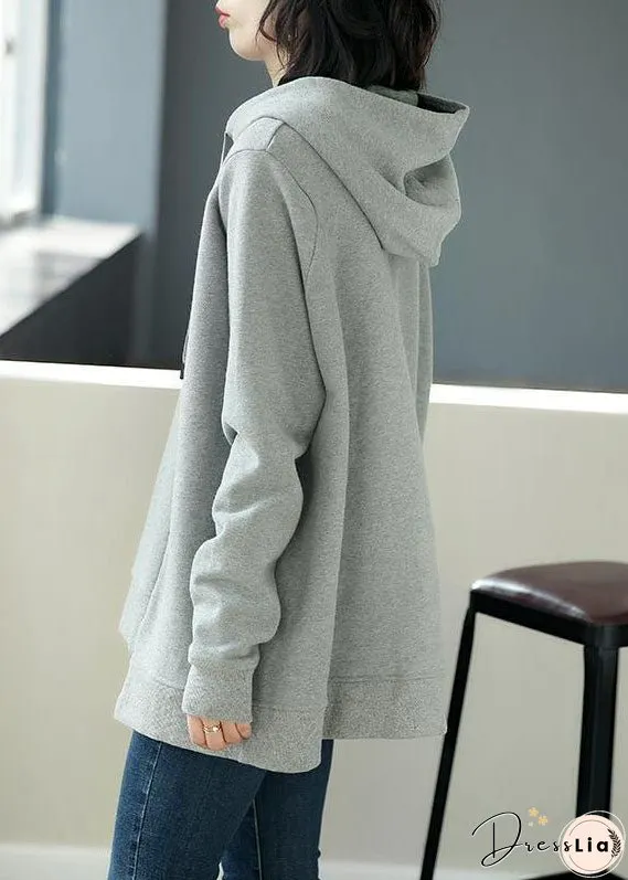 Simple Grey Asymmetrical Graphic Print Drawstring Cotton Sweatshirt Long Sleeve