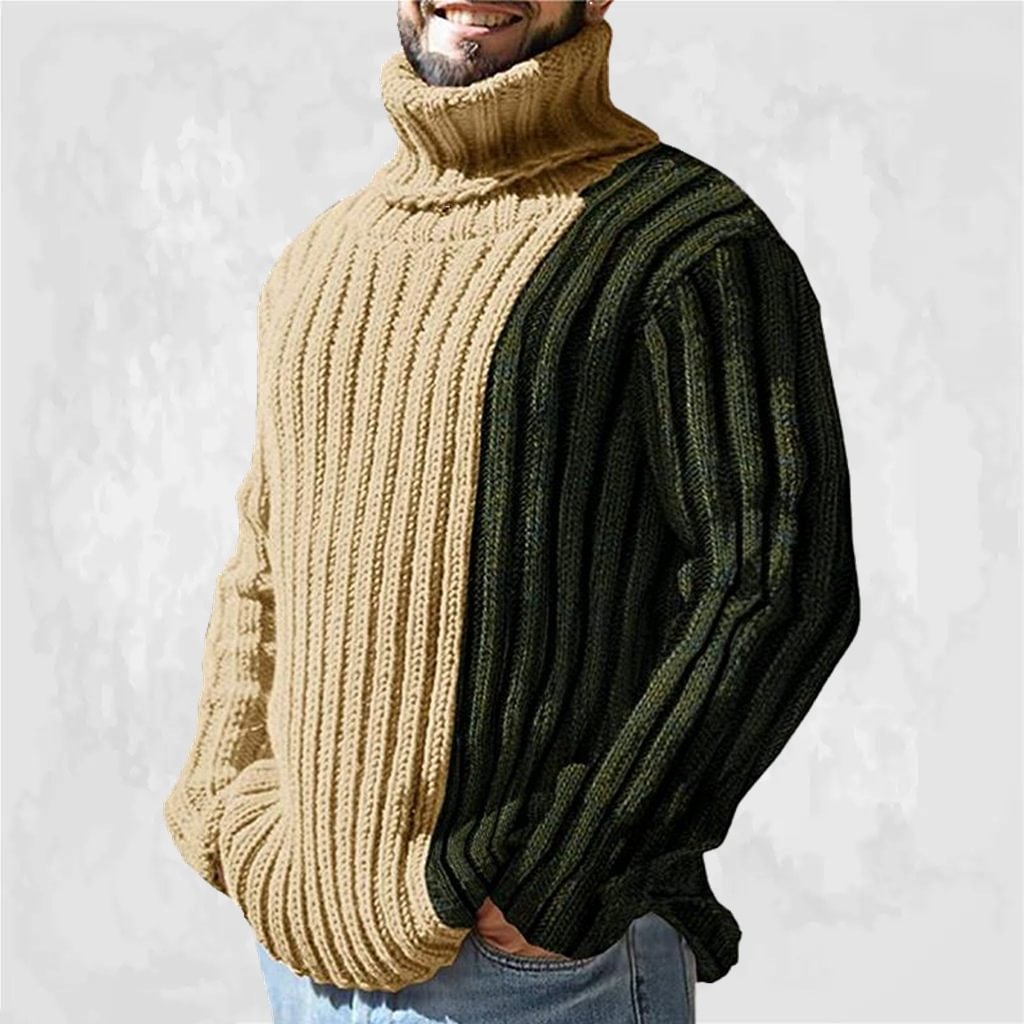 Men's Fashion Splicing Contrast Long Sleeve Turtleneck Sweater