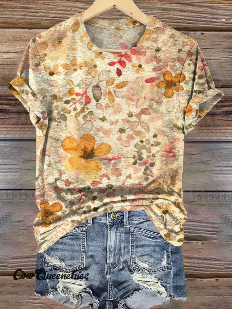 Watercolor Blossom Printed Casual T-Shirt Yellow / S