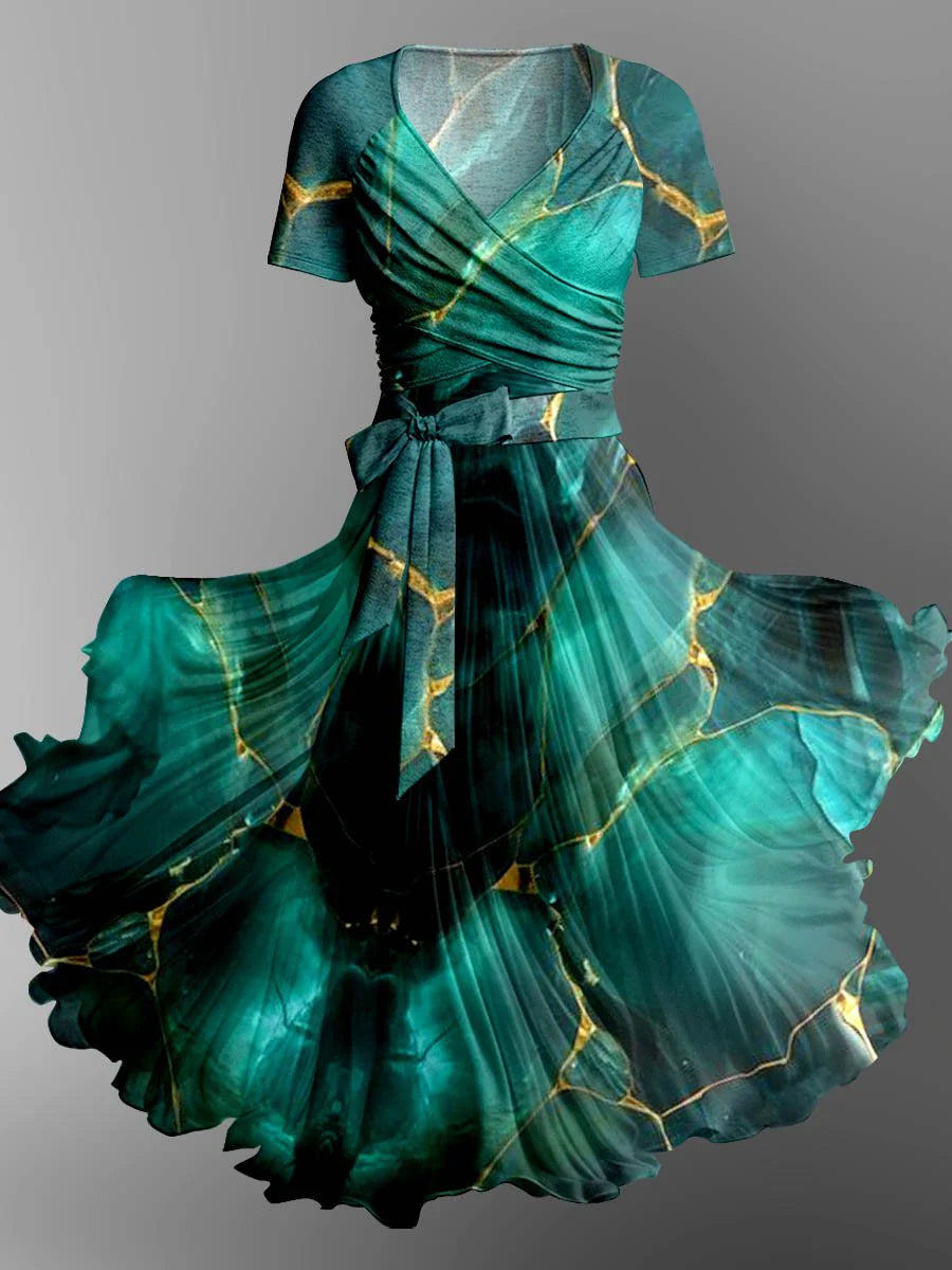 Abstract Color Printed Vintage Cross Fold Short Sleeve Two-Piece Midi Dress