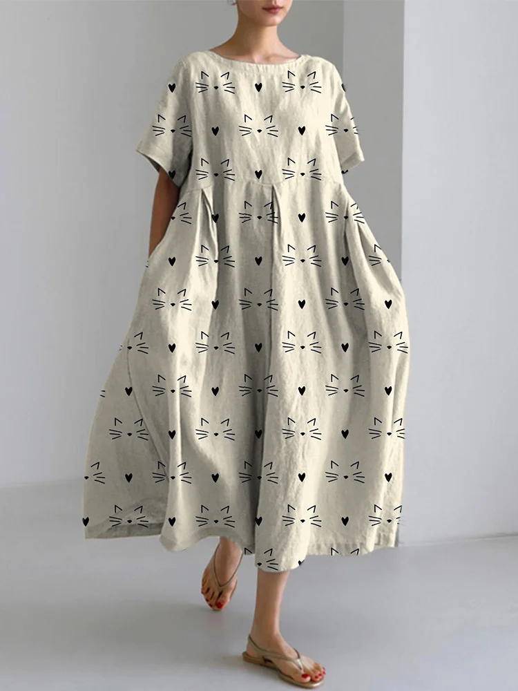 Cute Cat Face Printed Linen Blend Dress