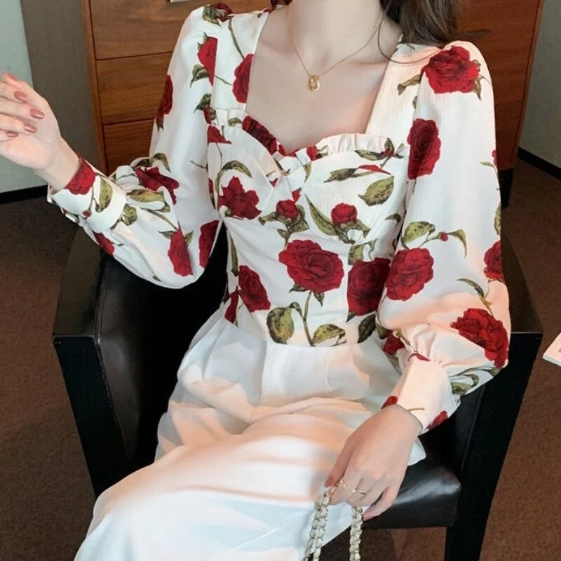 Jangj Summer Rose Square Neck Puff Sleeve Chiffon Shirt 2022 French Style Elegant Blouse Long Sleeve Casual Shirt for Female