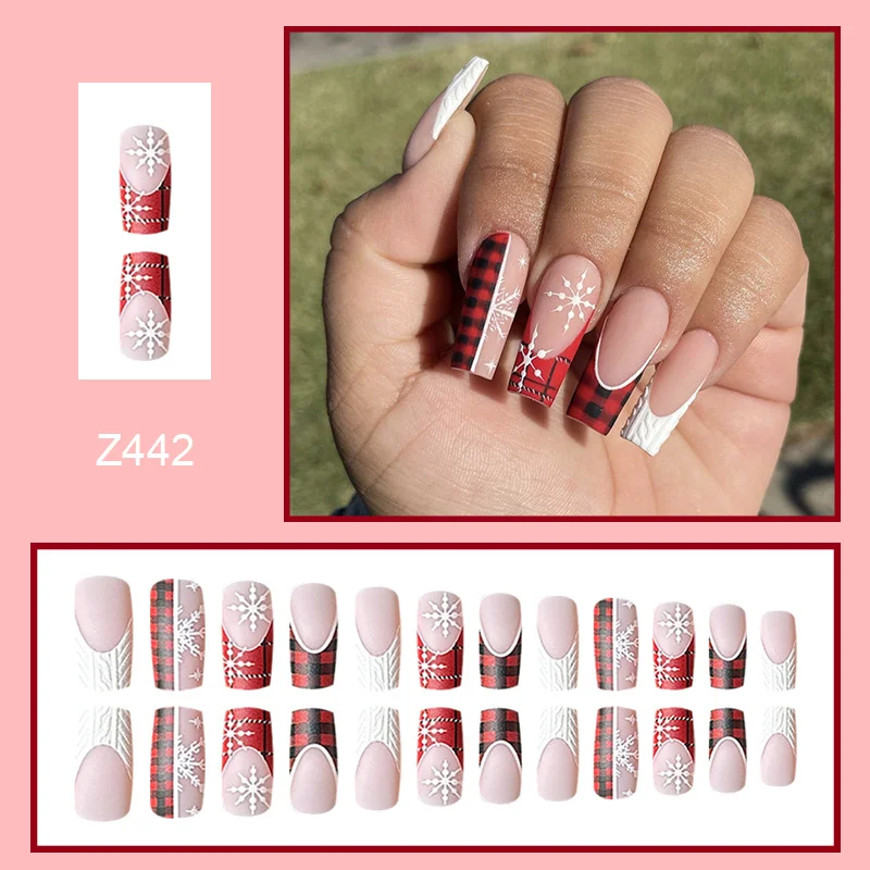 Churchf Ballet Red And White Christmas Relief Fake Nails New Year Plaid French New Wear Armour Piece