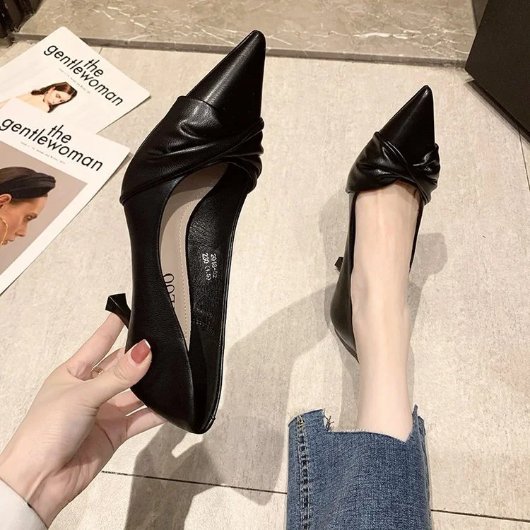 Wongn Wongn 2023 New Fashion Work Shoe Toe Fold Butterfly Bow Shallow High Heels Fine Heel Single Shoes Woman