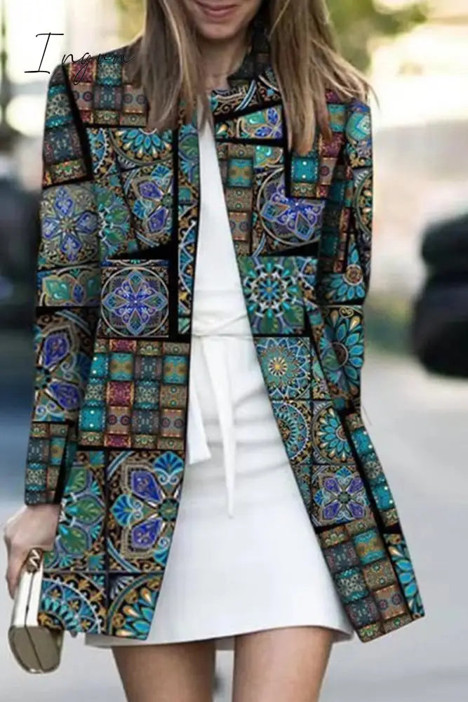 Ingvn - Casual Print Patchwork Cardigan Collar Outerwear Peacock Blue / S Outerwear/Suit Jacket