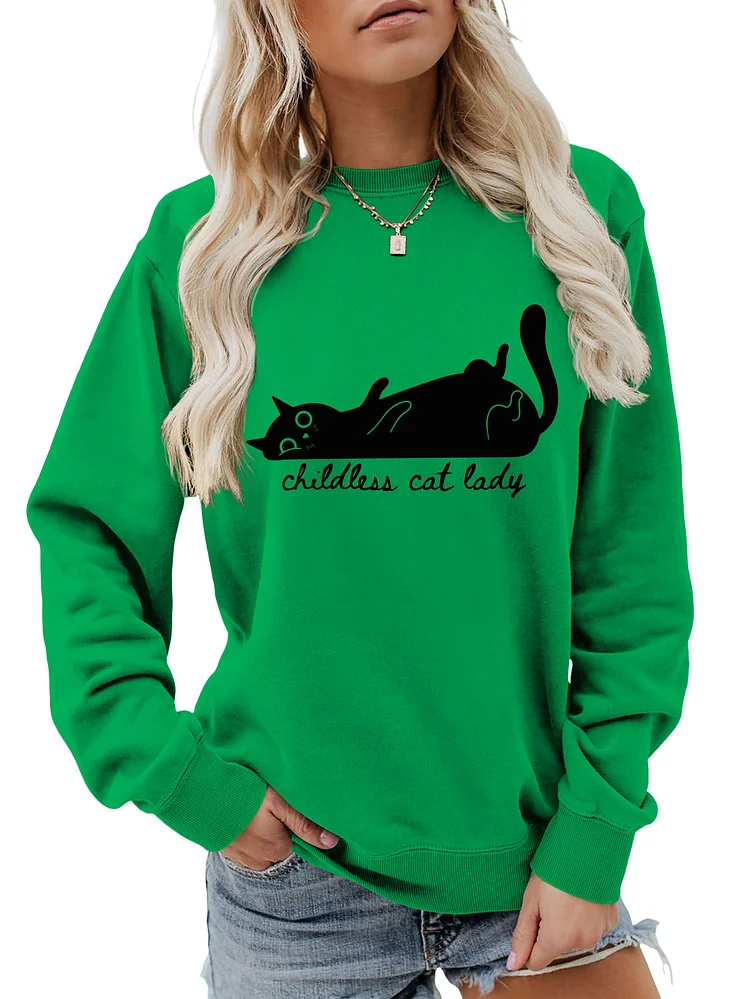Womens Black Cat Crewneck Sweatshirt Funny Childless Cat Lady Print Sweatshirt