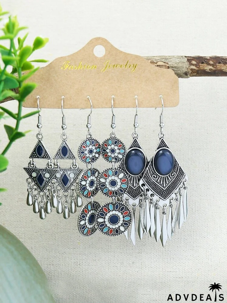 3pairs Stone Decor Drop Earrings