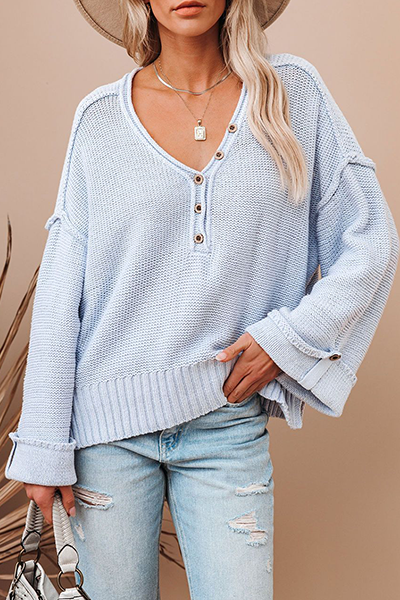 Casual Solid Split Joint Buttons V Neck Tops Sweater