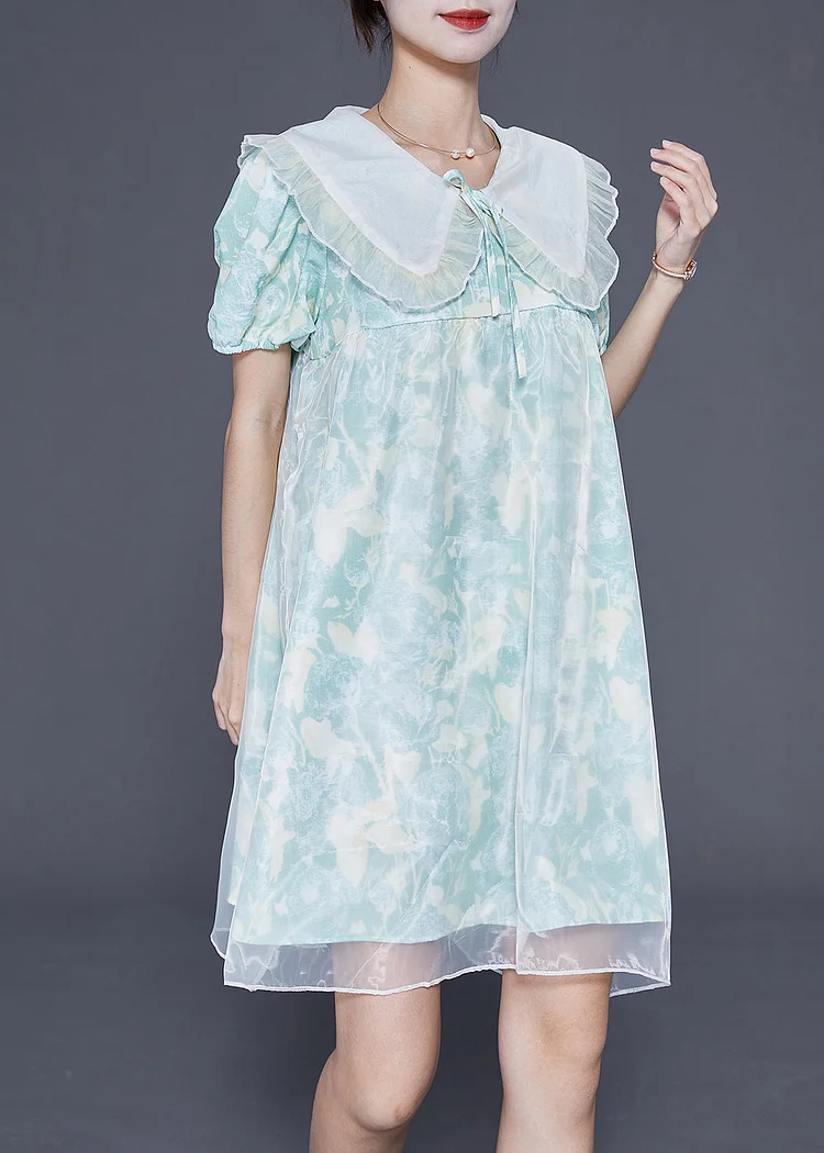 Cute Light Blue Bow Collar Print Tulle A Line Dress Summer