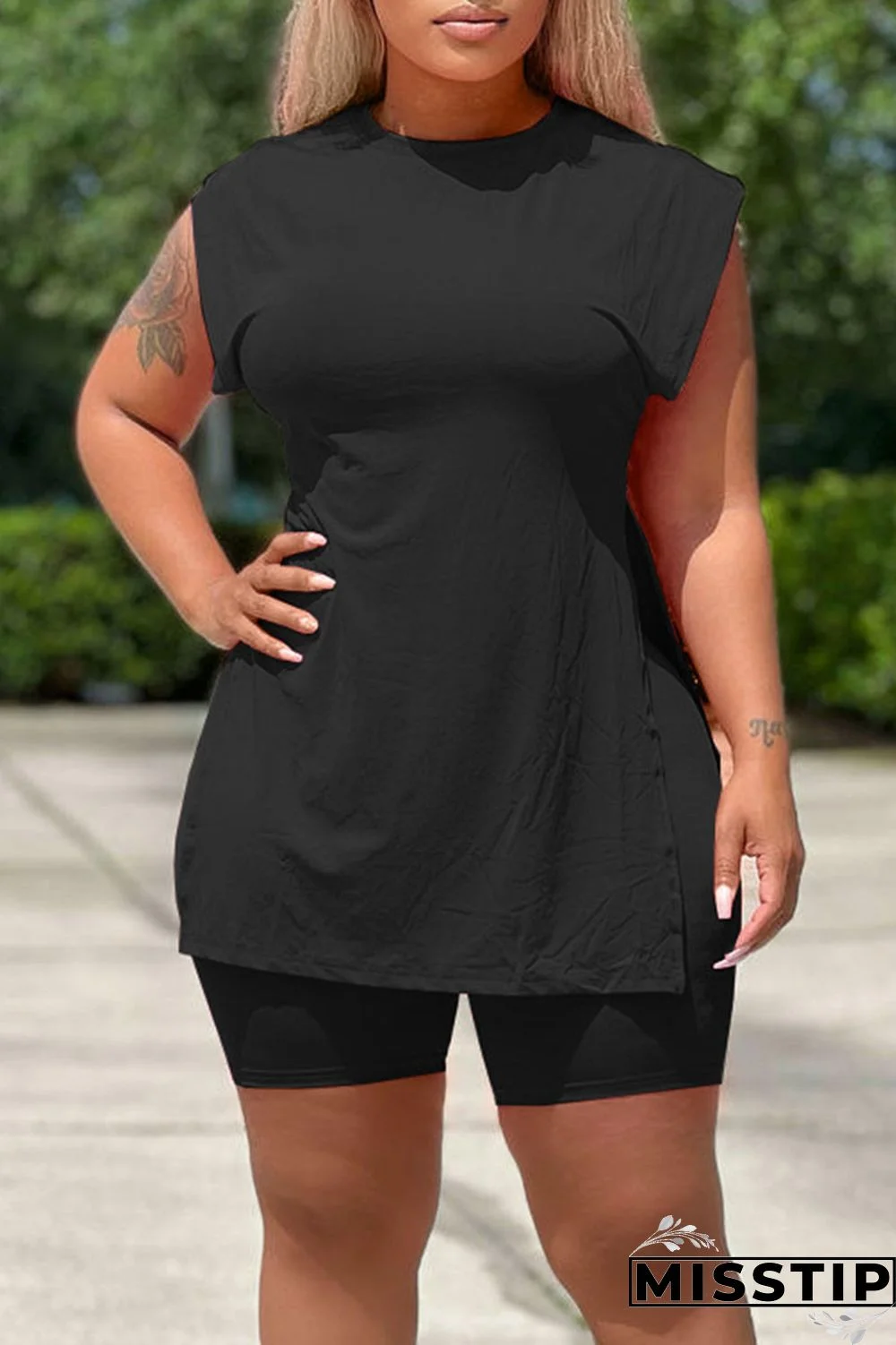 Black Casual Solid Patchwork Slit O Neck Sleeveless Two Pieces