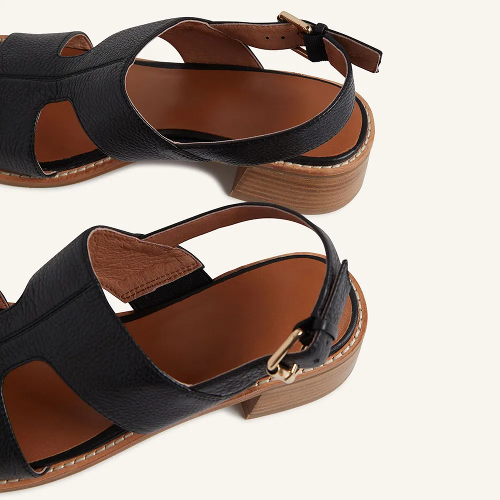 Black Vegan Leather Open Square Toe Slingback Low Heel Sandals